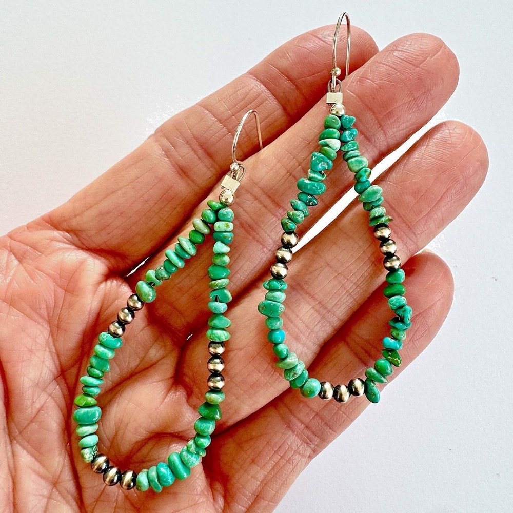 Jacla Navajo‎ Pearl Earrings Turquoise Heishi 3in 925 Sterling Long Dangle Hook